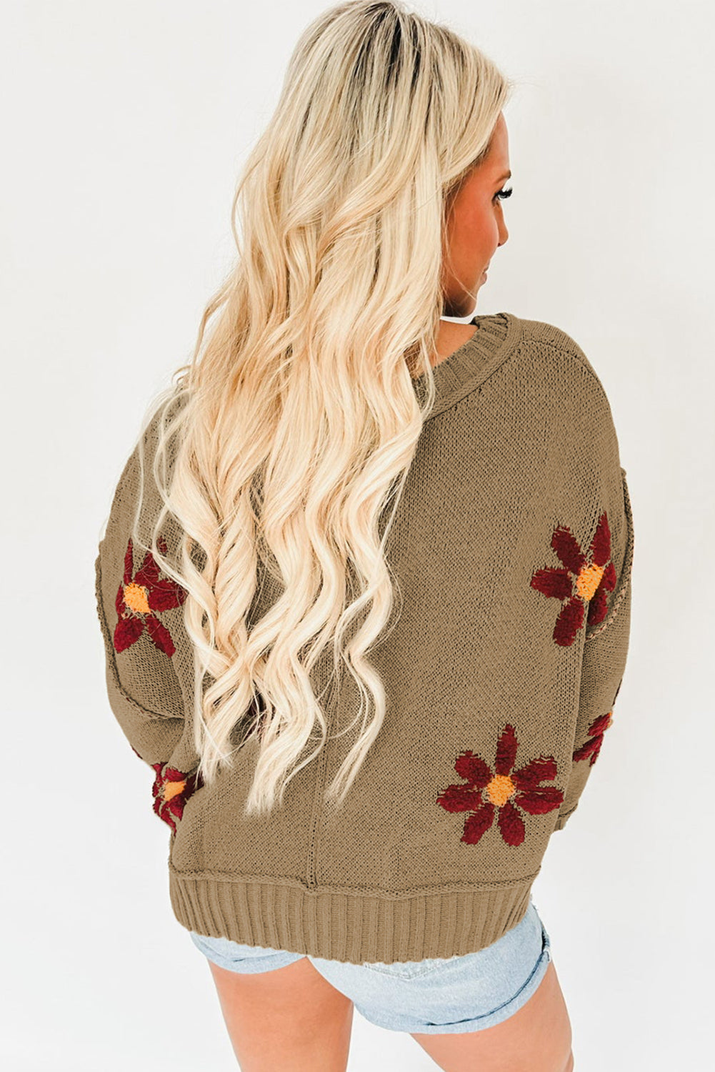 Flower Knit Ribbed Trim Sweater