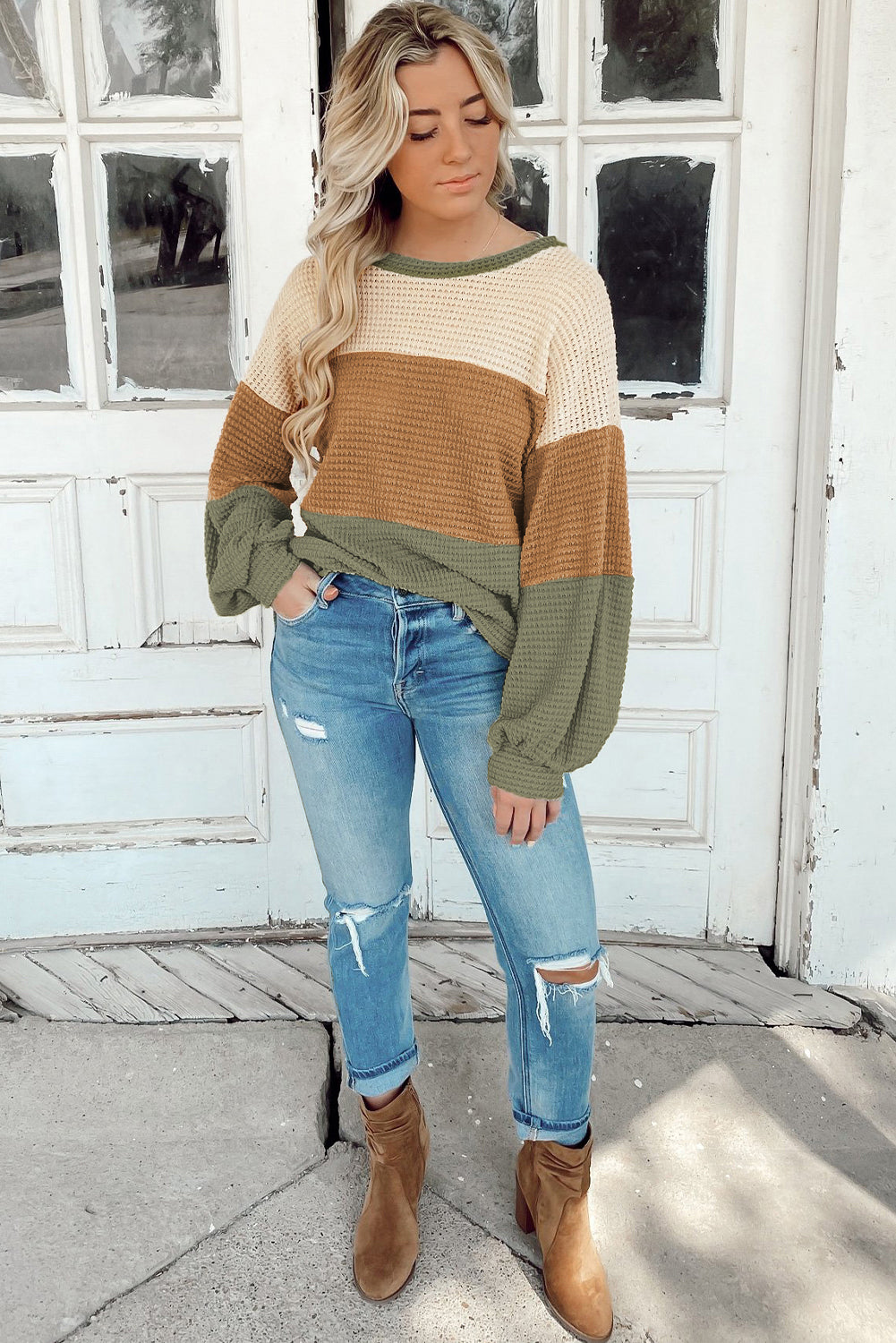 Textured Color Block Bubble Sleeve Baggy Top