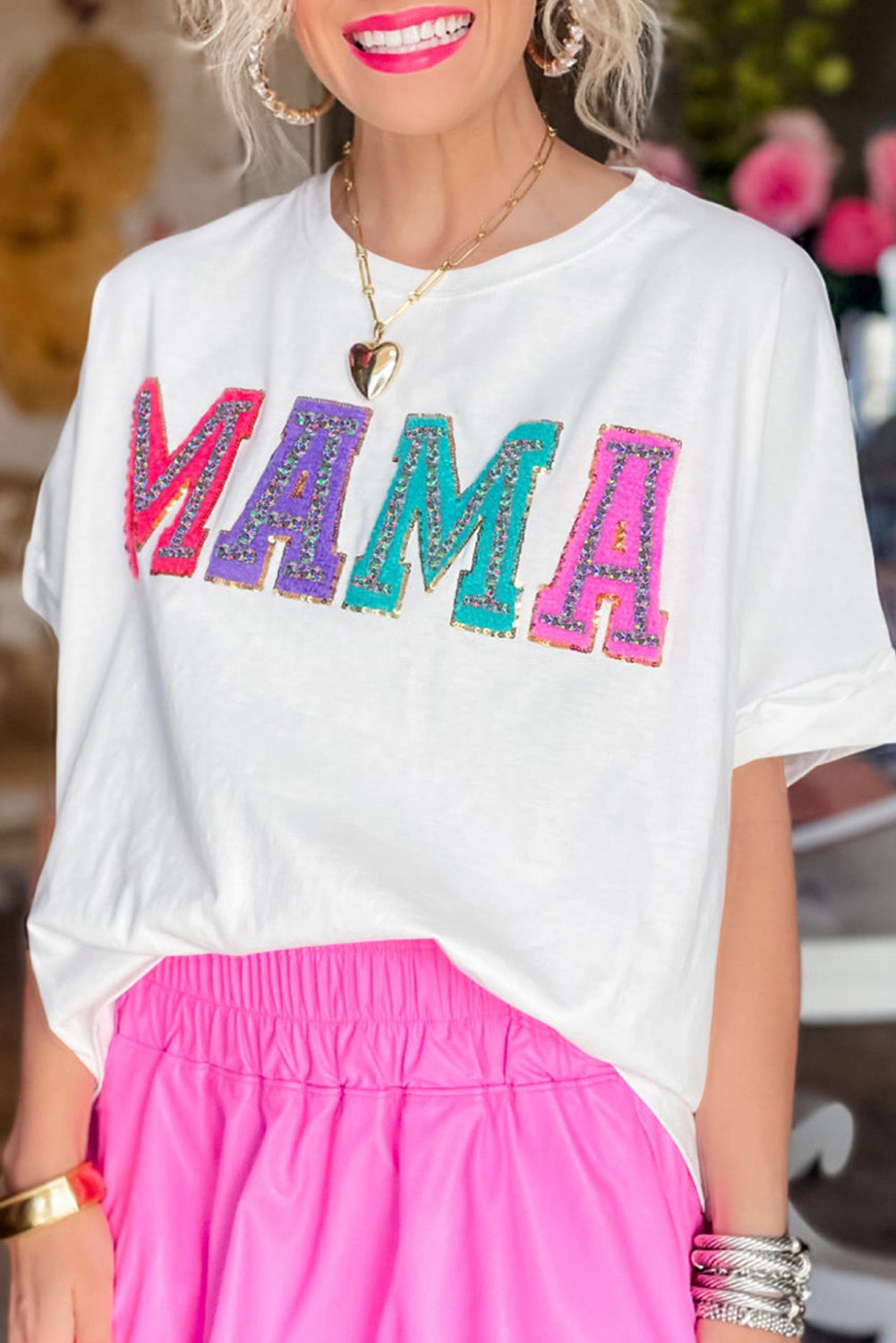 MAMA Chenille Patched Crew Neck T Shirt