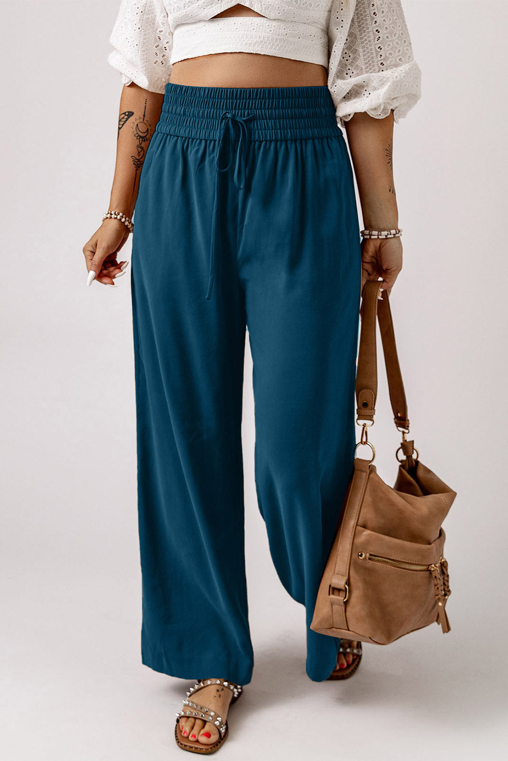 Drawstring Elastic Waist Wide Leg Pants