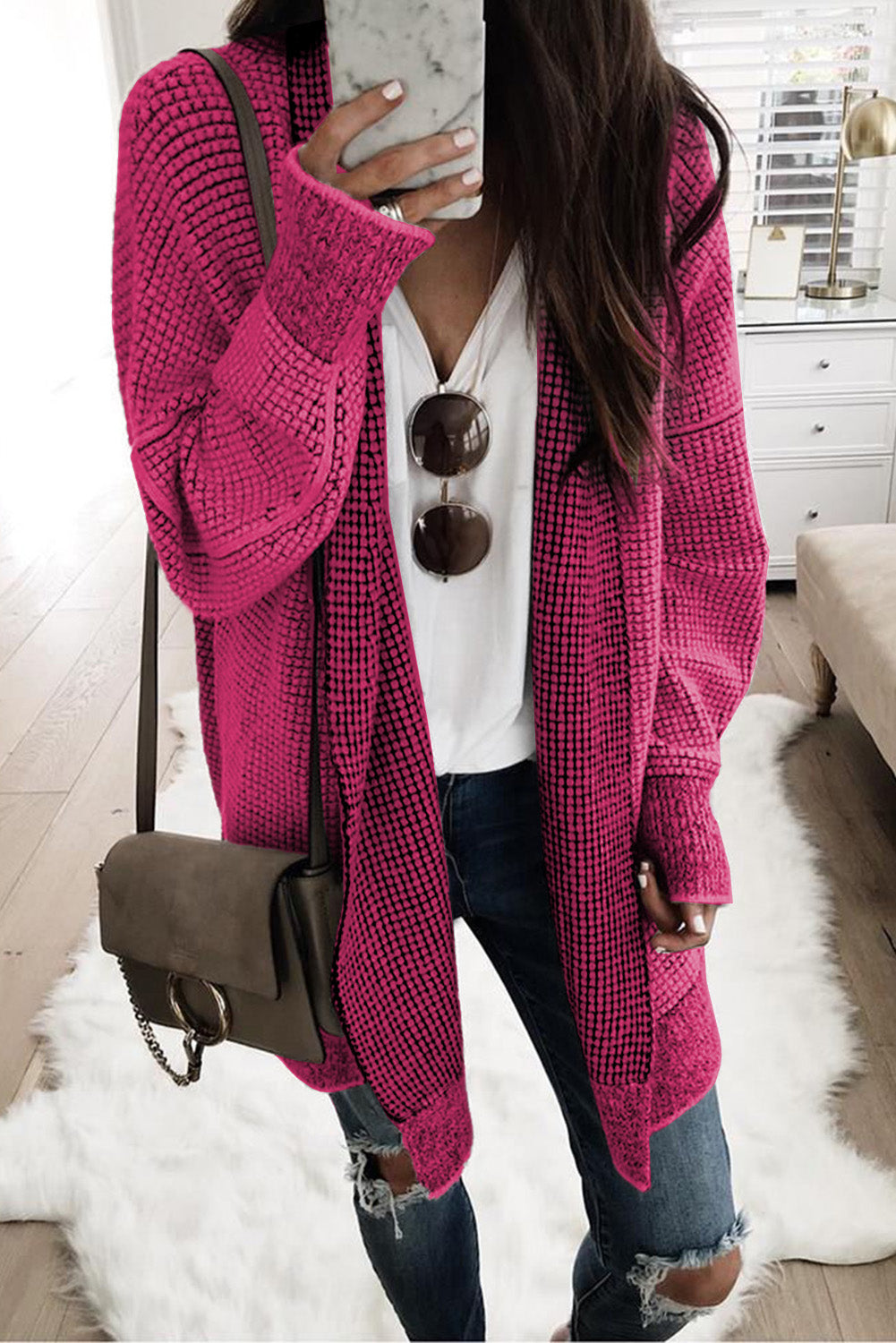 Plaid Knitted Long Open Front Cardigan