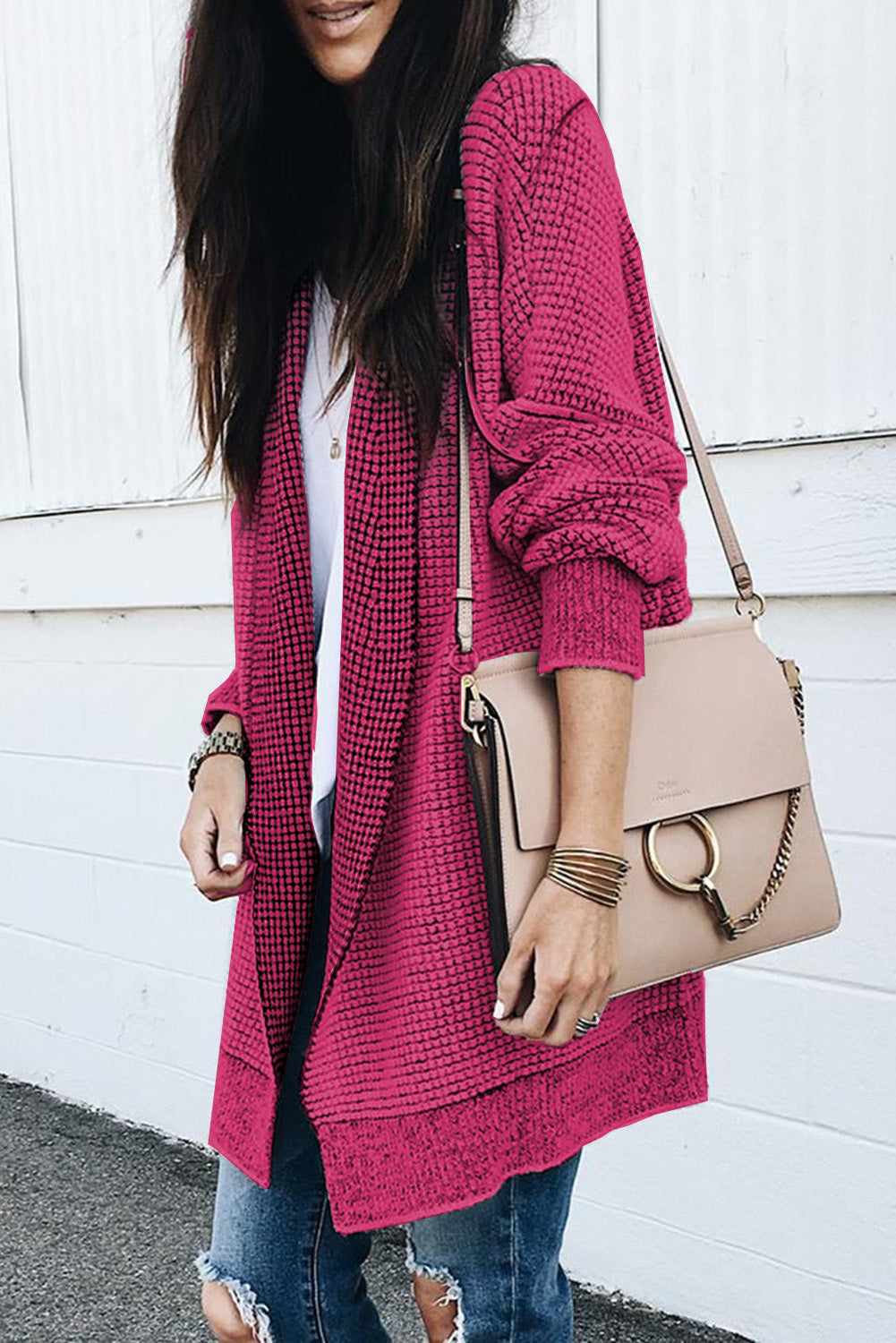 Plaid Knitted Long Open Front Cardigan