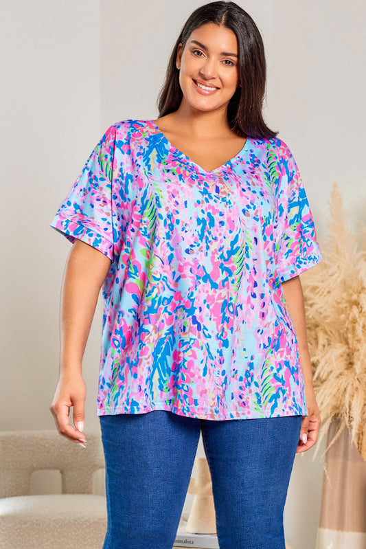 Plus Size Plant Print V Neck T-shirt