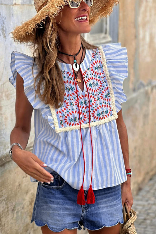 Embroidered Tassel Flutter Blouse