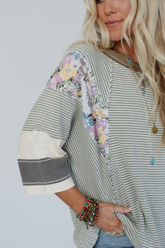 Pinstriped Color Block Patchwork Top