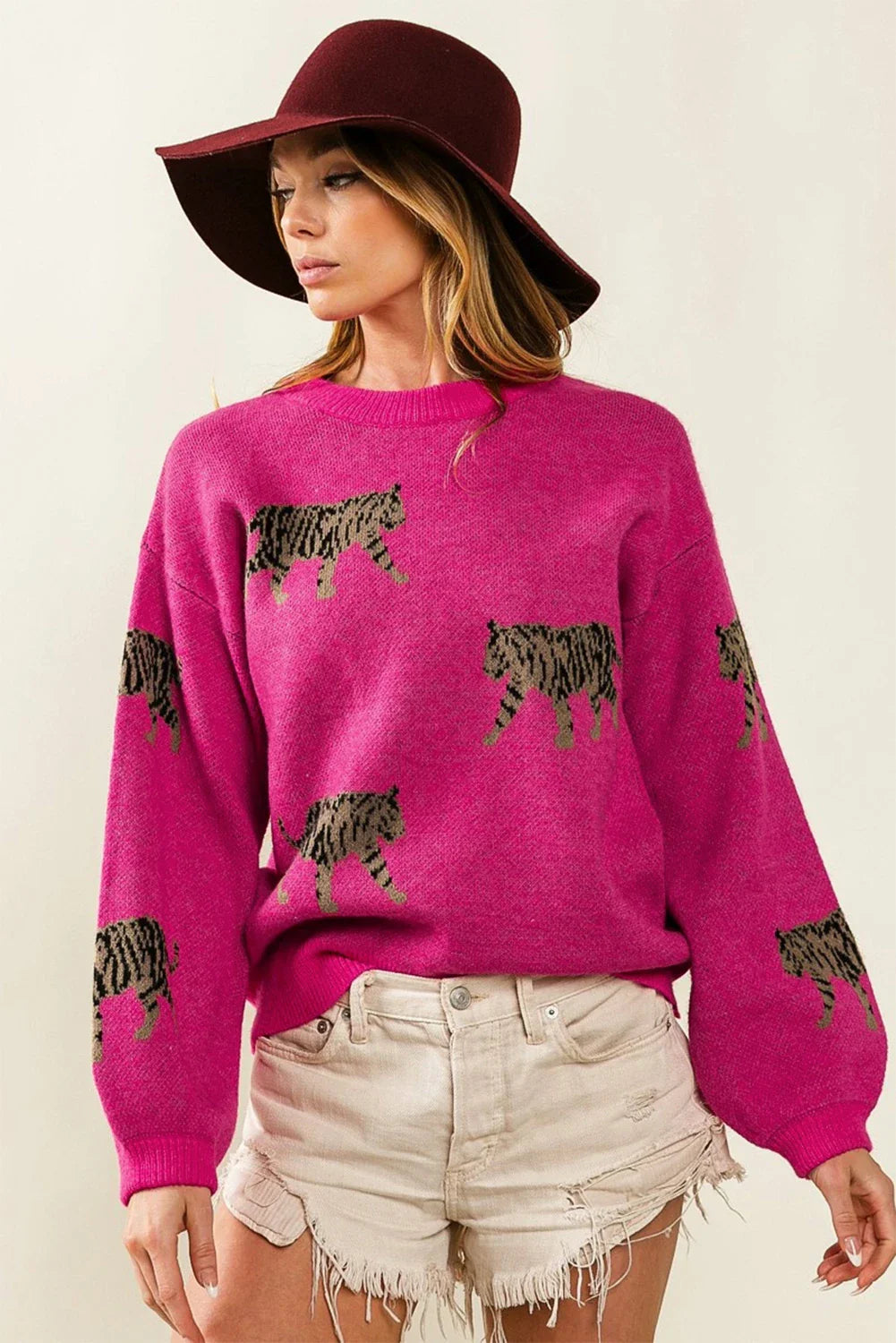 Leopard Pattern Drop Shoulder Knit Sweater