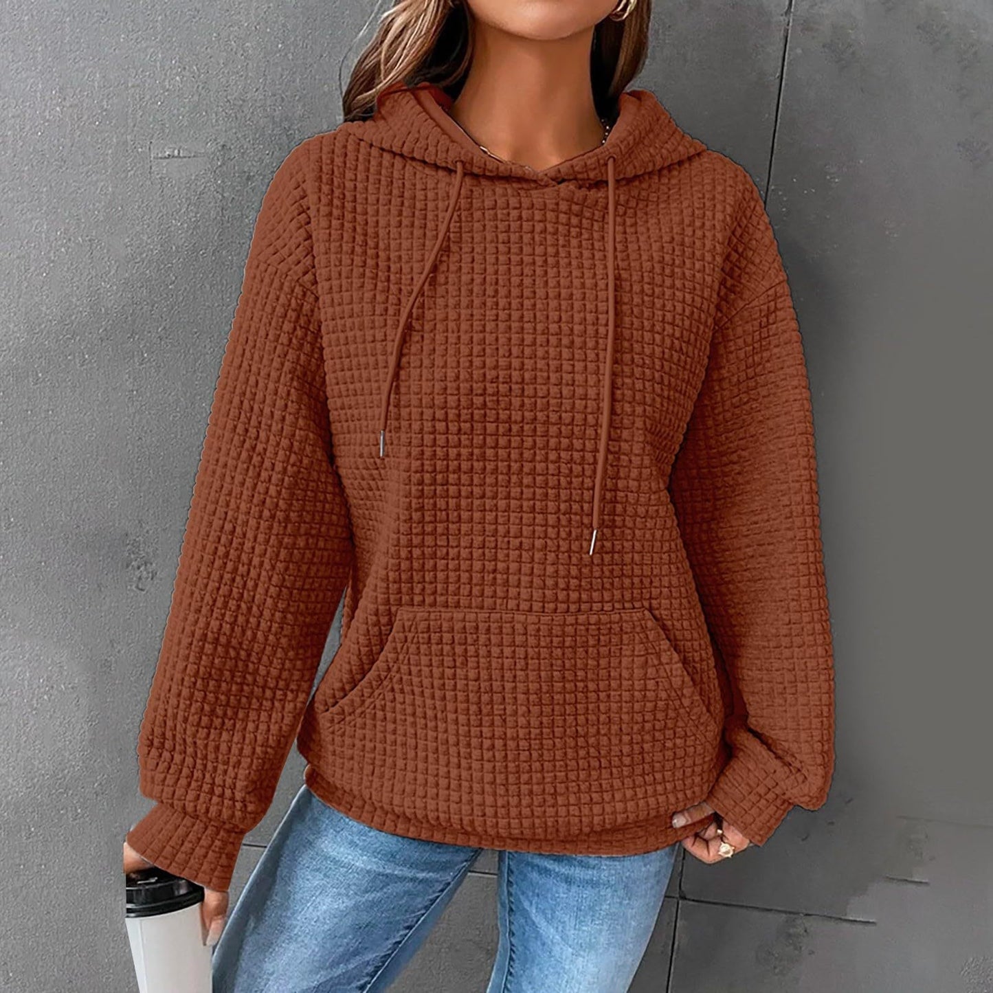 Waffle Hooded Long-sleeved Sweatshirt