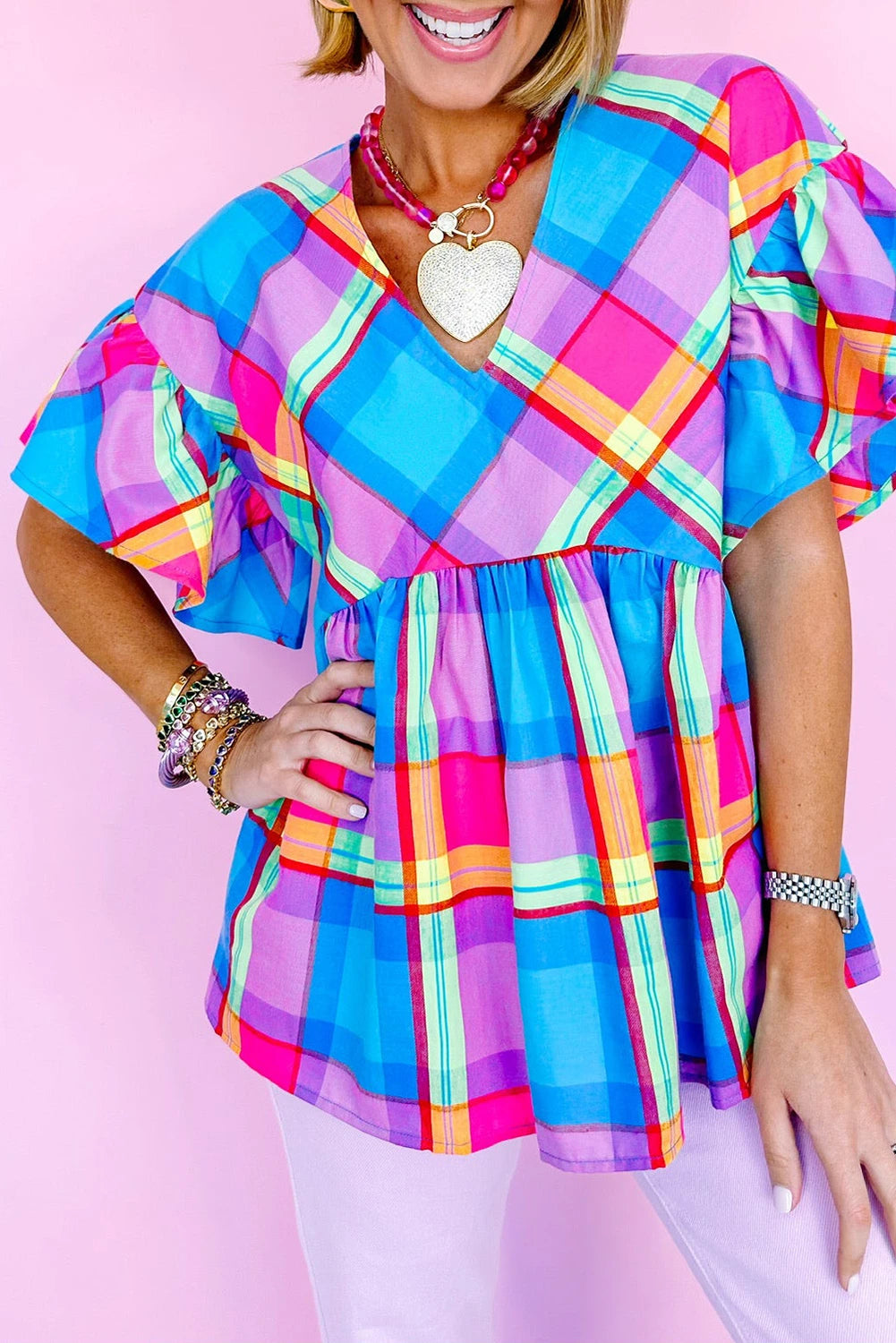 Plaid V Neck Ruffled Babydoll Blouse