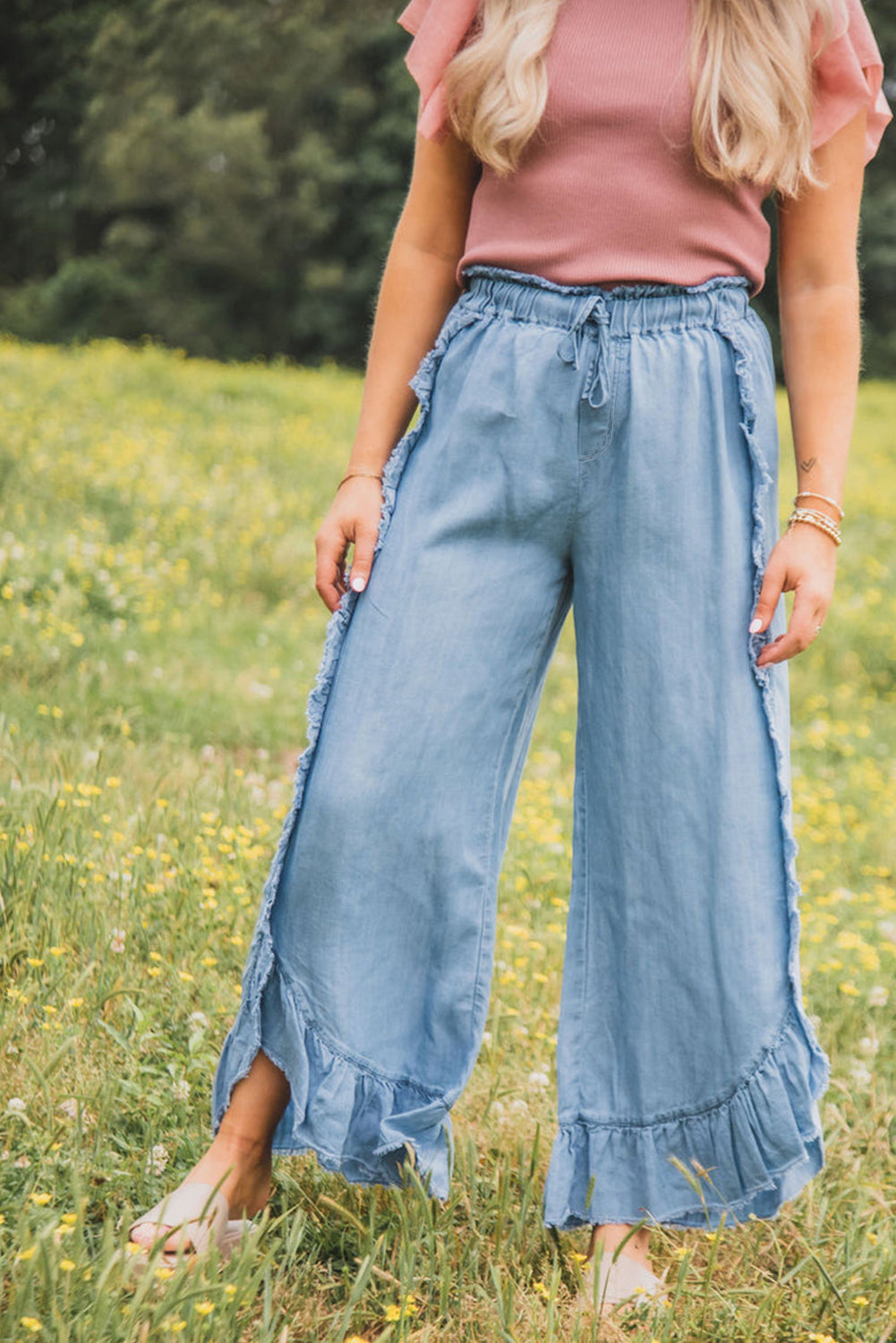 Wash Raw Hem Ruffled Wide Leg Jeans