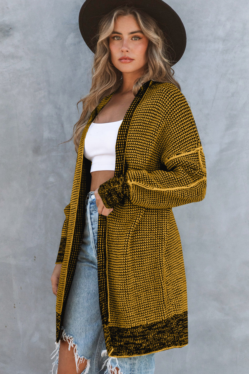 Plaid Knitted Long Open Front Cardigan