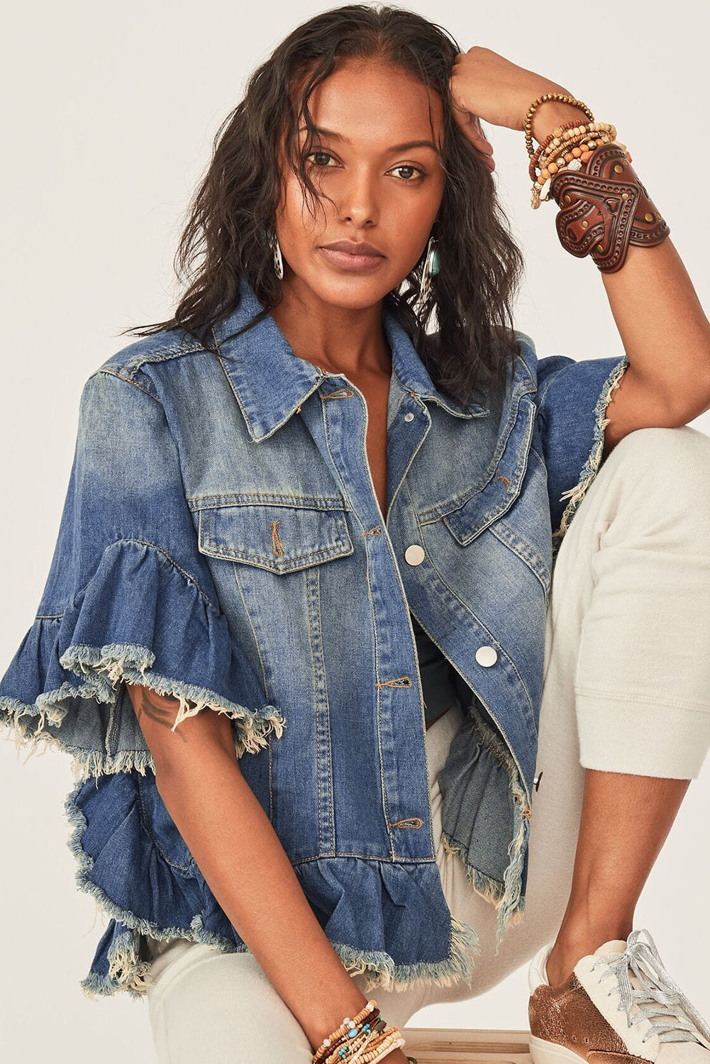 Raw Edge Ruffled Short Sleeve Denim Jacket