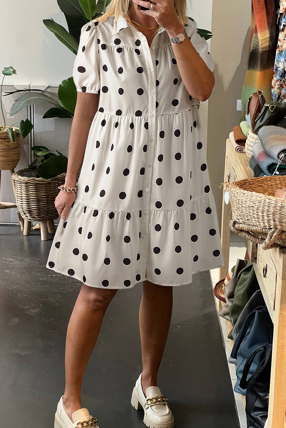 Dot Collar Buttoned Tiered Babydoll Dress