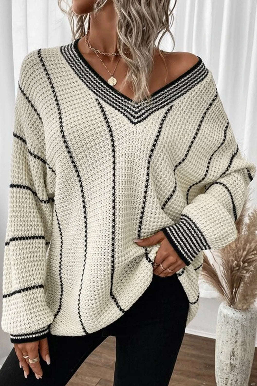 Striped V Neck Knitted Sweater