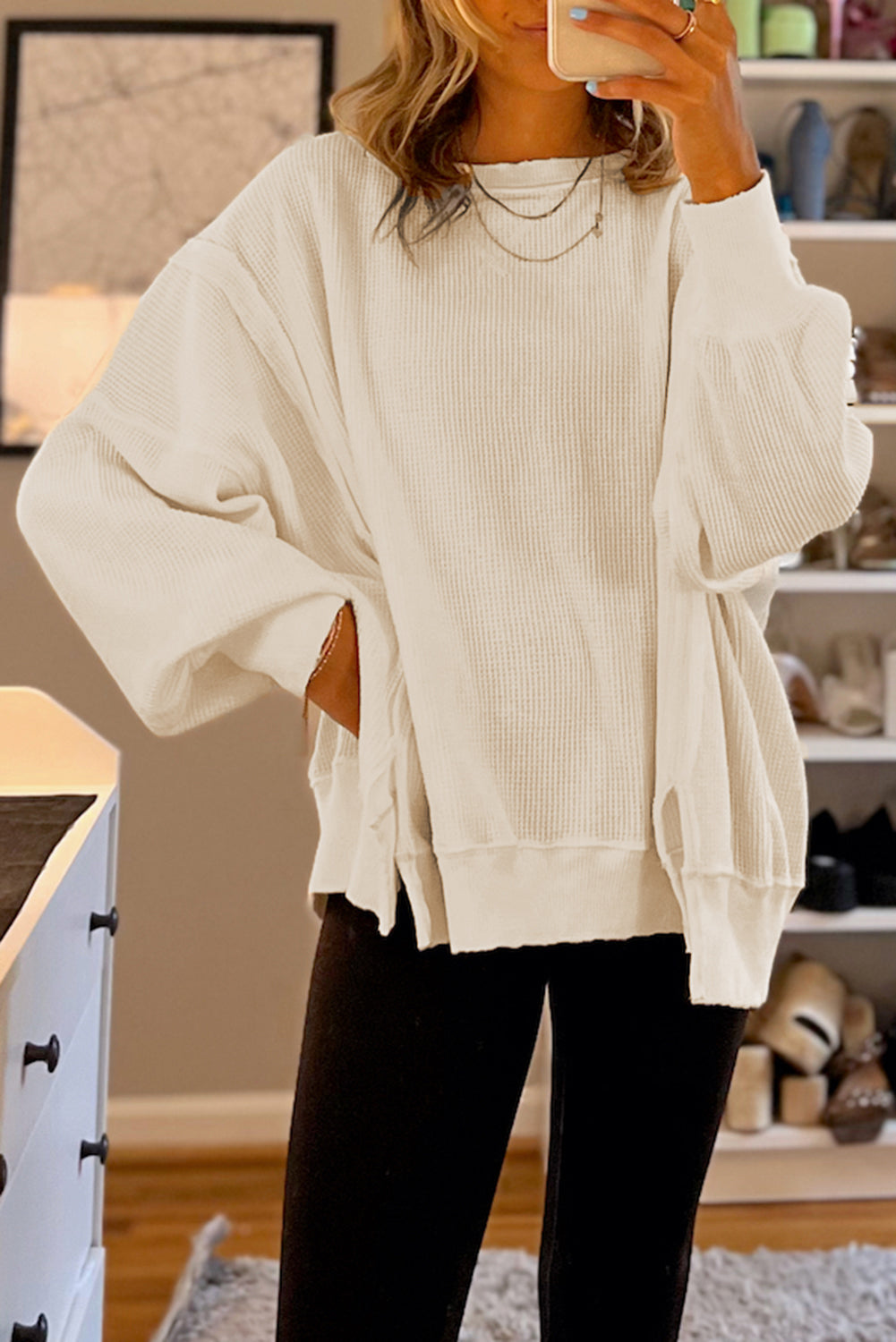 Waffle Knit Bishop Sleeve Split Sweatshirt