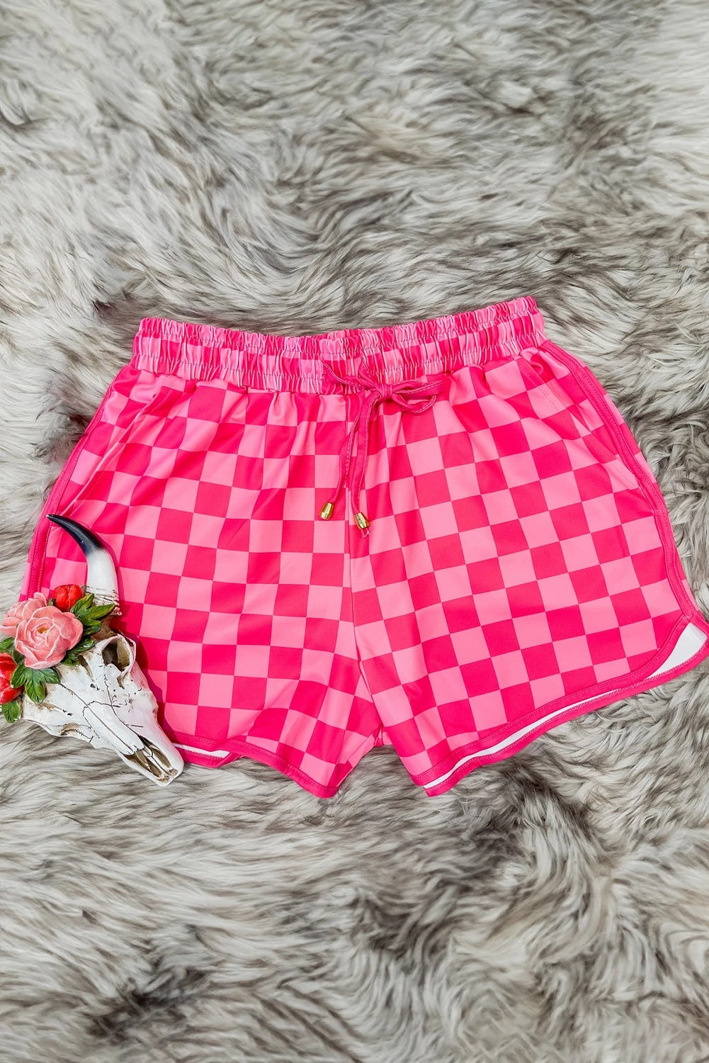 Checkered Drawstring Elastic Waist Shorts