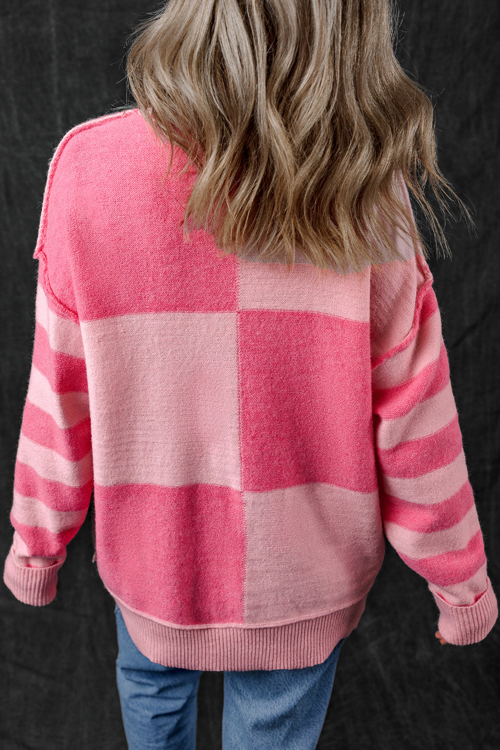 Checkered Striped Sleeve Sweater