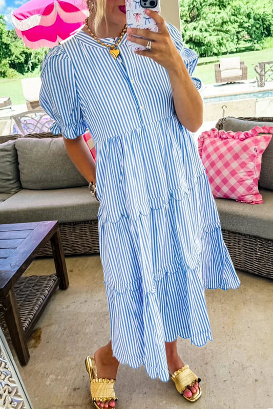 Stripe Bubble Sleeve Scallop Tiered Dress