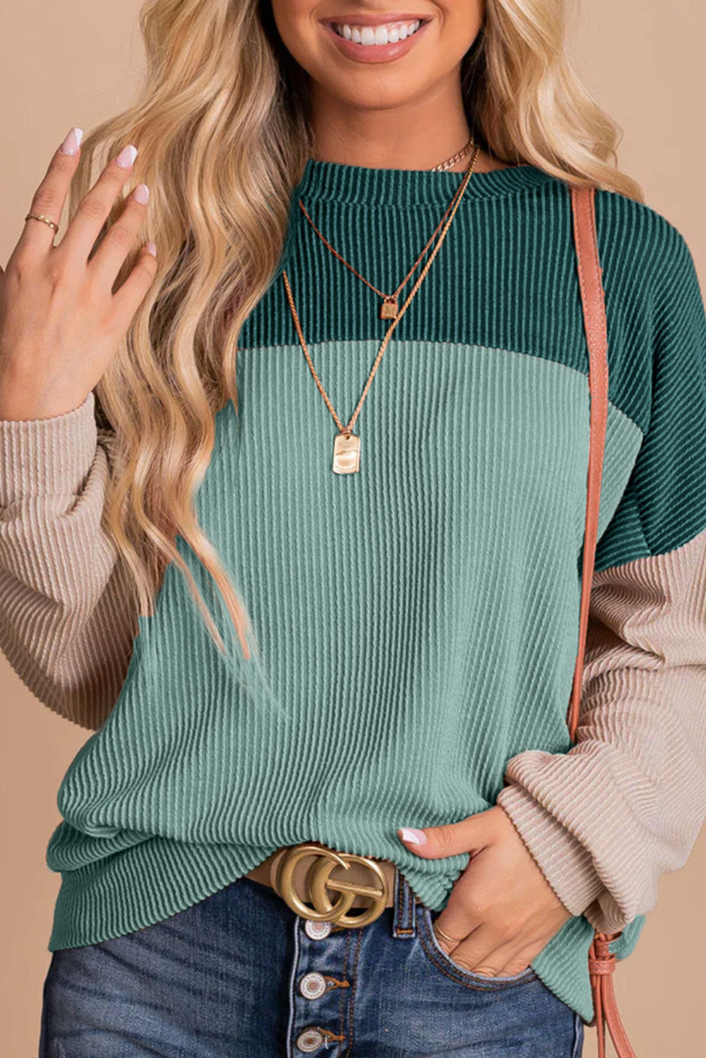 Color Block Long Sleeve Cording Top