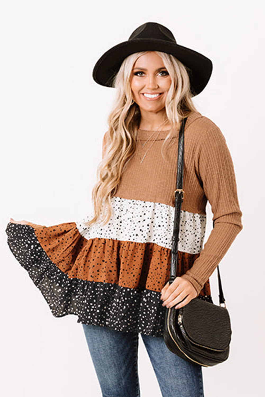 Ribbed Dotted Tiered Ruffled Flowy Top