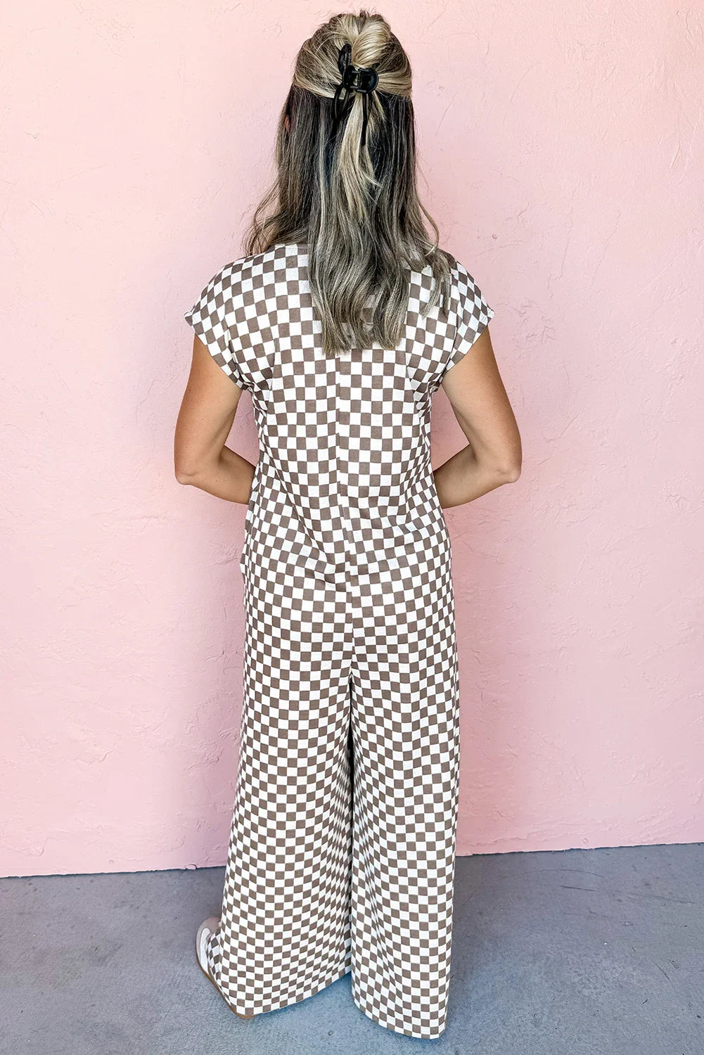 Checkered Buttoned Wide Leg Jumpsuit
