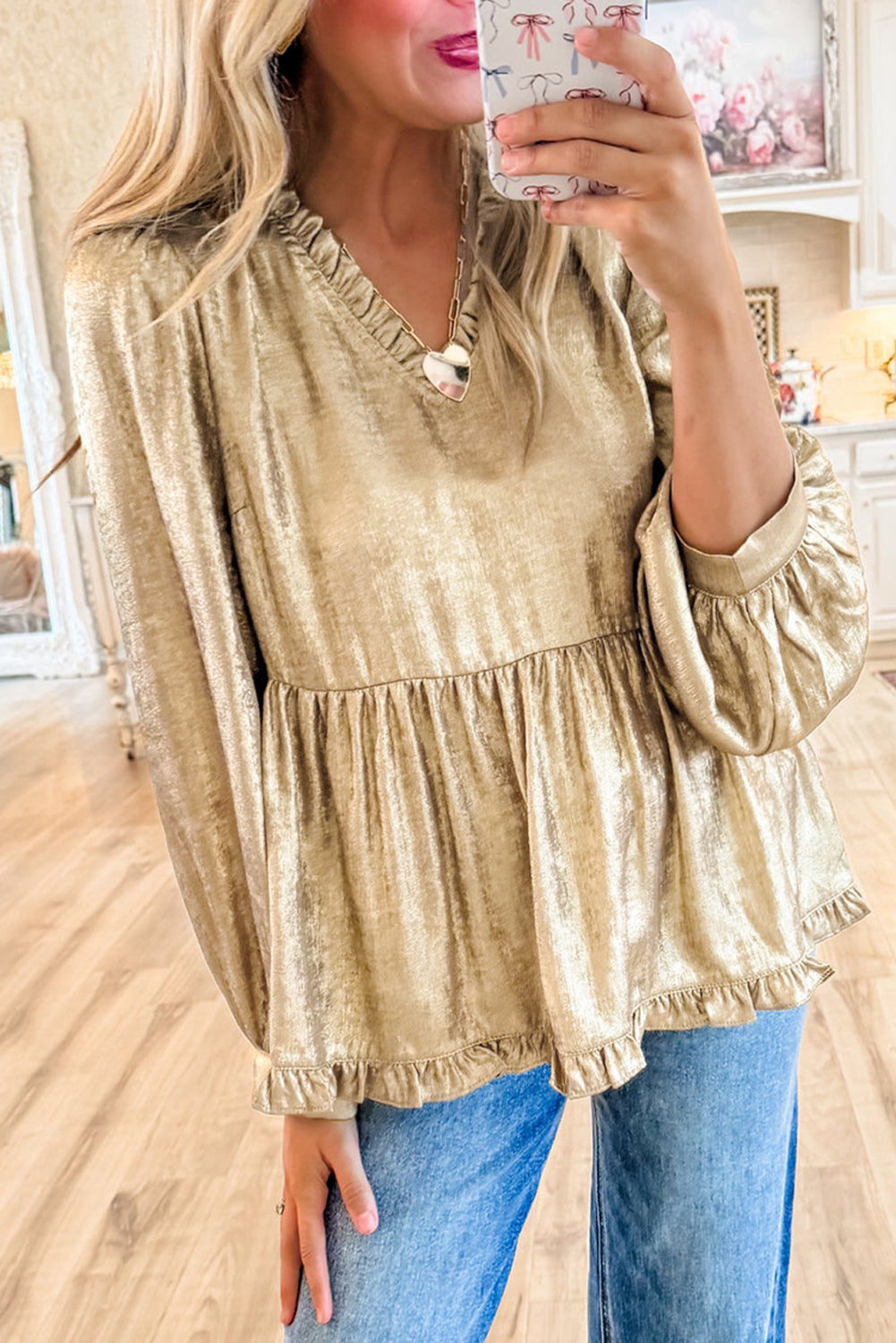 (Pre order/11.15)Metallic Frilled Puff Sleeve Babydoll Blouse