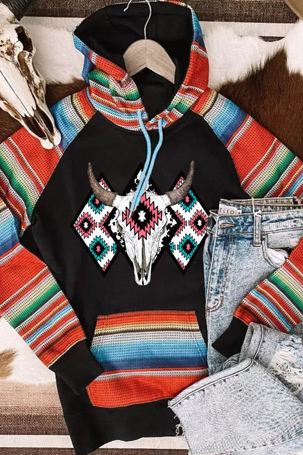 Western Patchwork Pocketed Hoodie