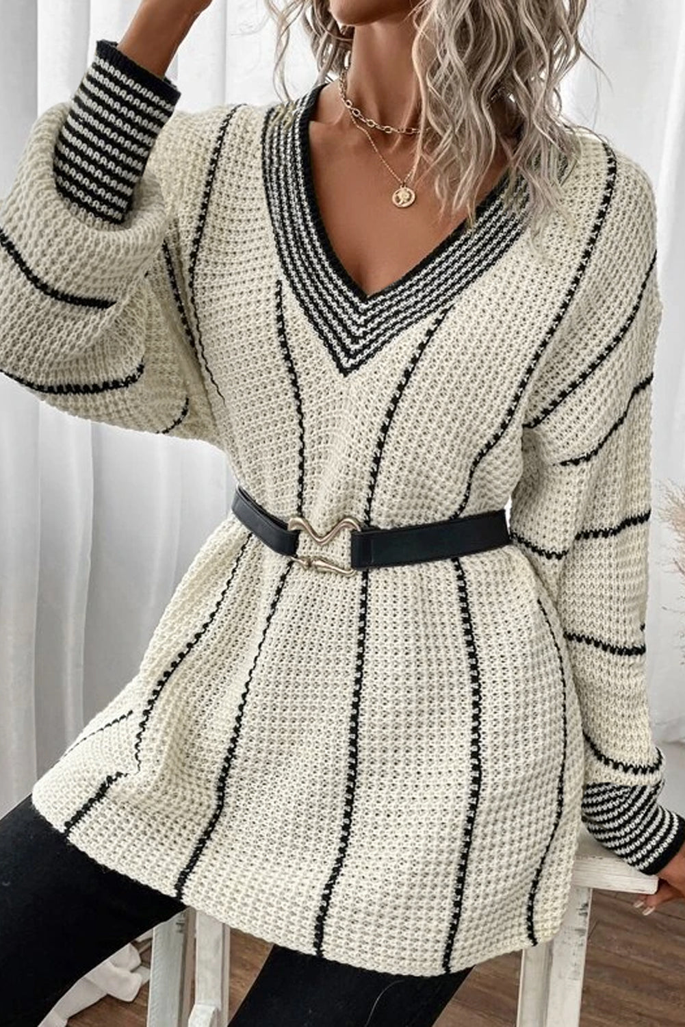Striped V Neck Knitted Sweater