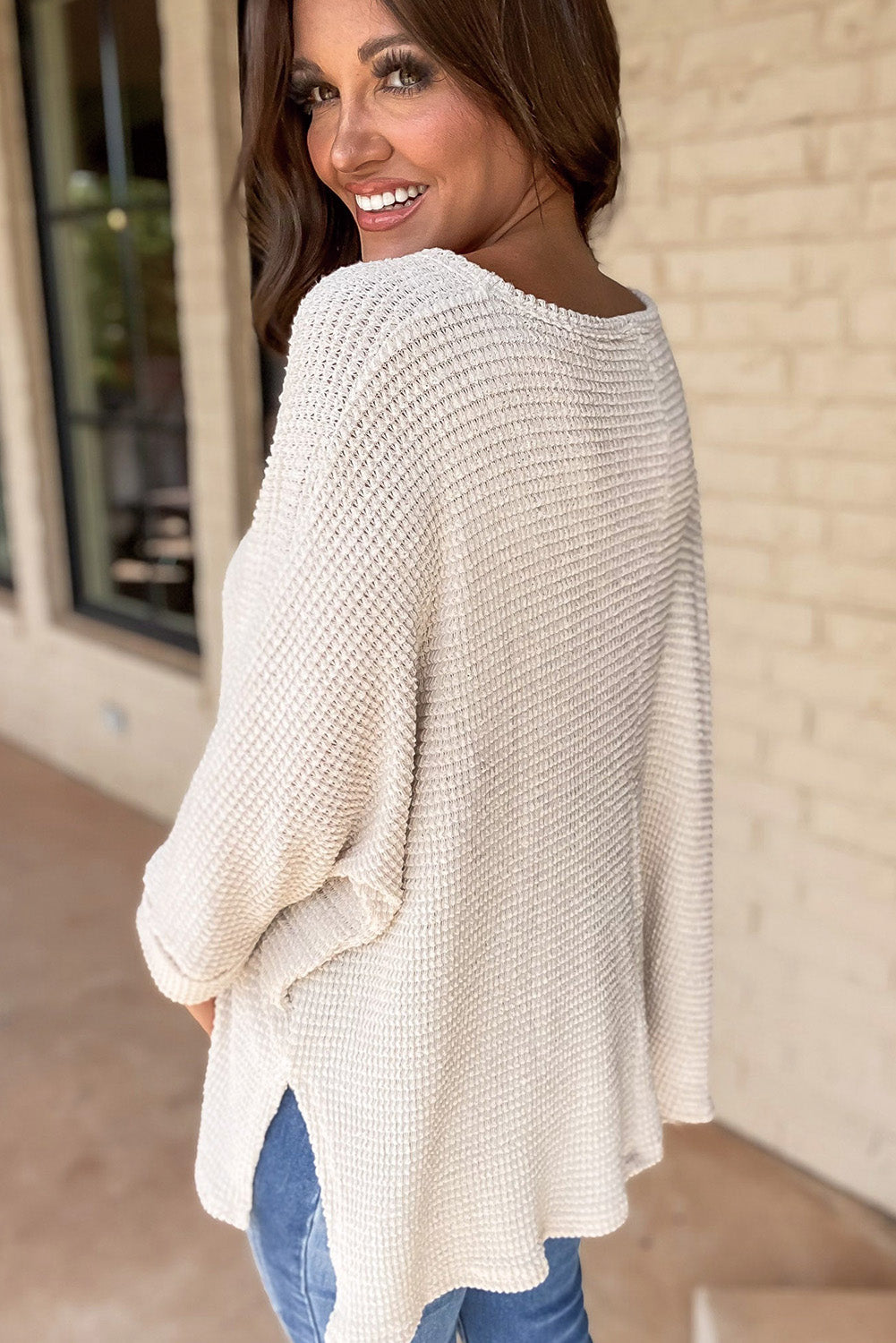 Waffle Knit Side Slits Top