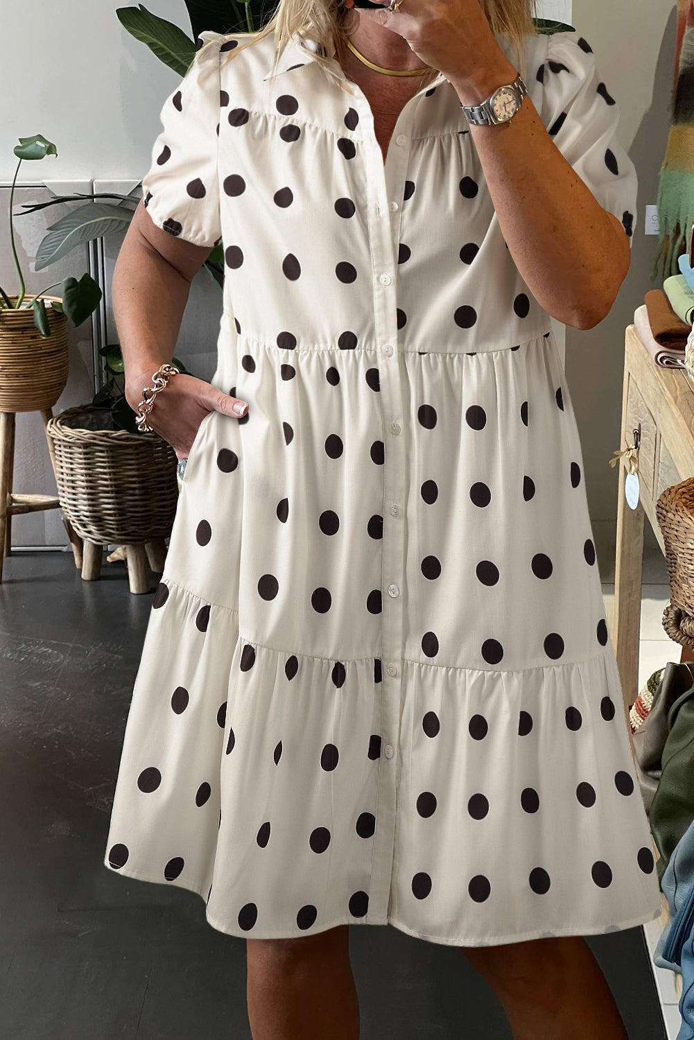 Dot Collar Buttoned Tiered Babydoll Dress