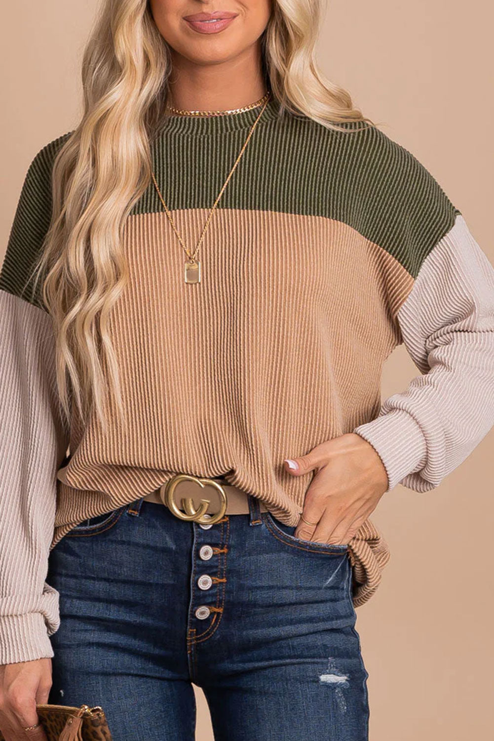 Color Block Long Sleeve Cording Top