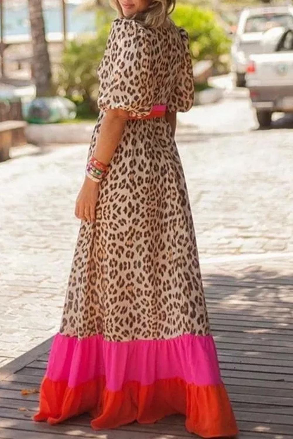 Leopard Colorblock Bubble Sleeve Maxi Dress