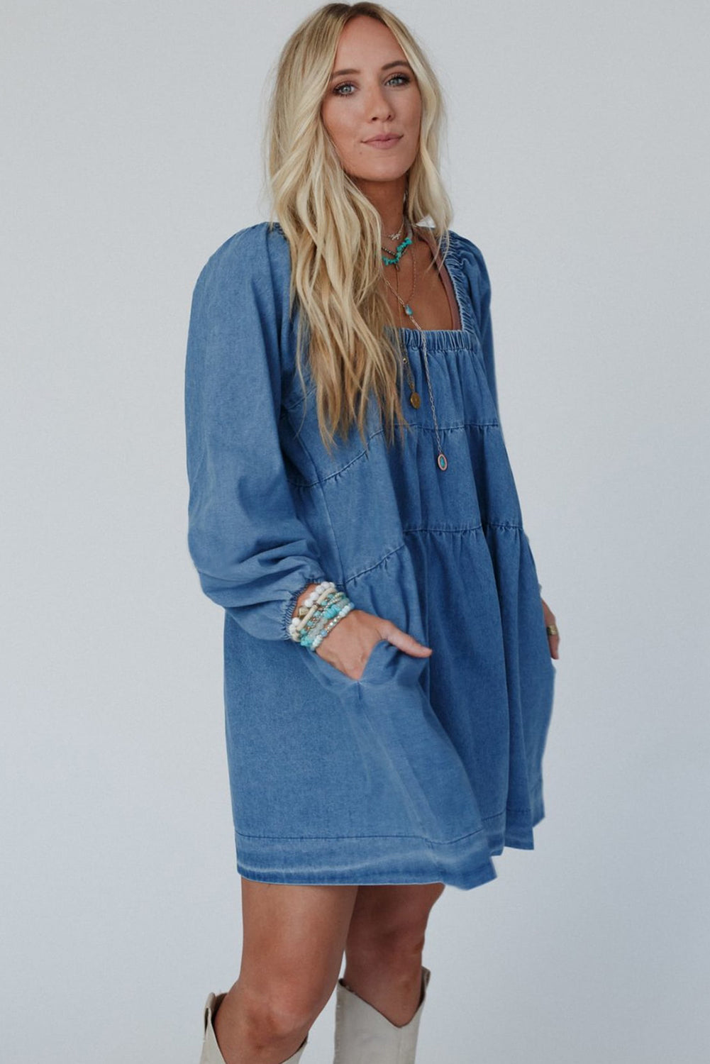 Square Neck Pockets Denim Dress