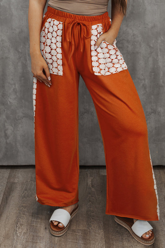 Plus Size Floral Patch Drawstring Wide Leg Pants