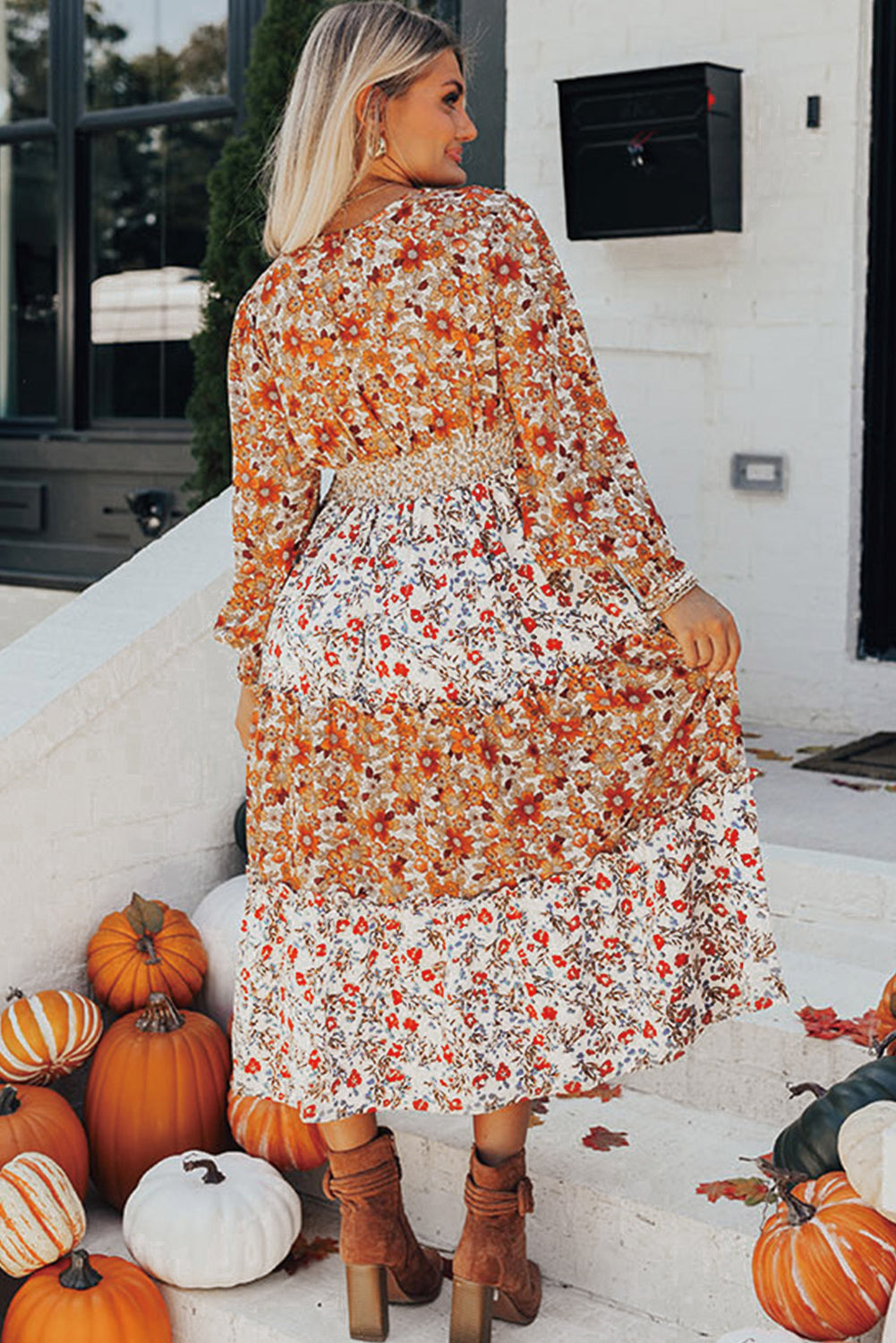 Retro Floral Ruffled Tiered Dress