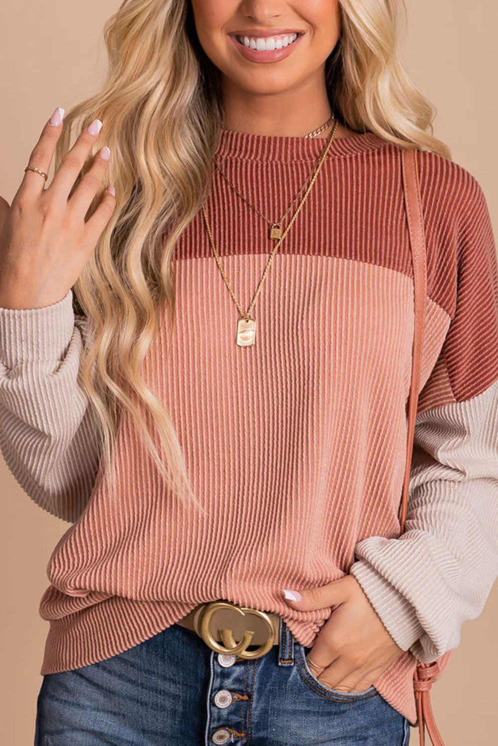 Color Block Long Sleeve Cording Top