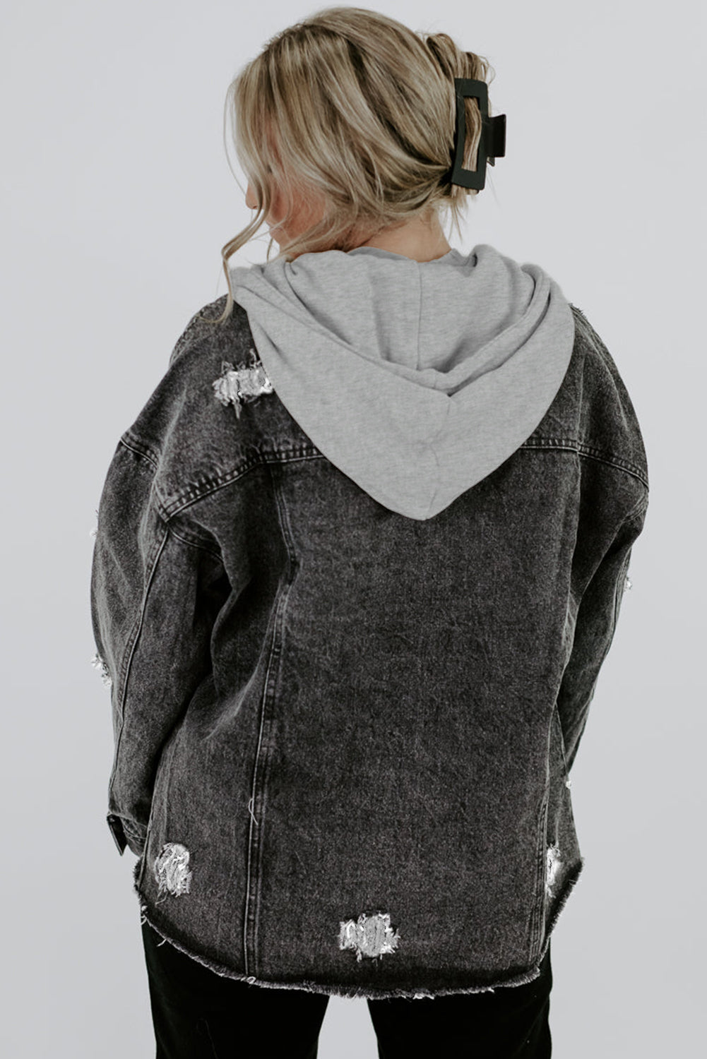 Drawstring Hooded Frayed Denim Jacket