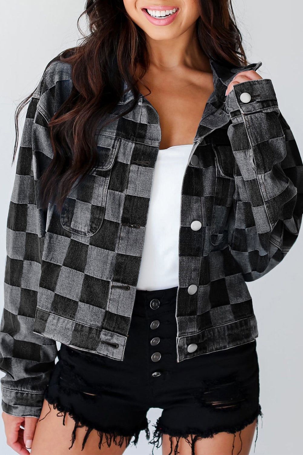 Checkered Patchwork Button up Denim Jacket