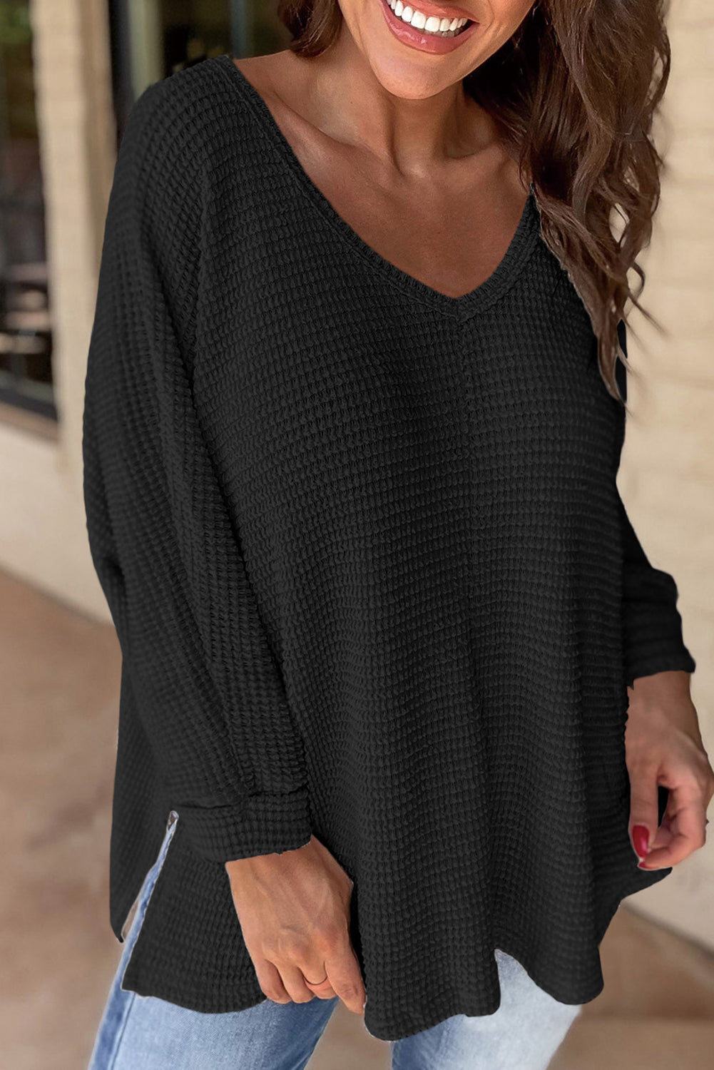 Waffle Knit Side Slits Top