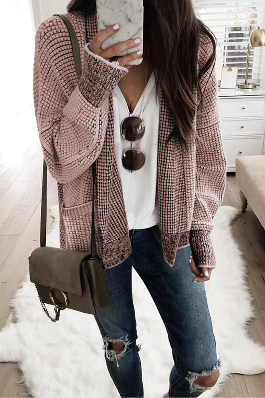 Pocket Chunky Waffle Knit Oversized Collar Cardigan