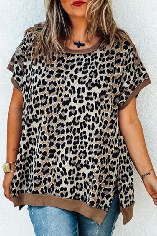 Plus Size Leopard Contrast Trim Top