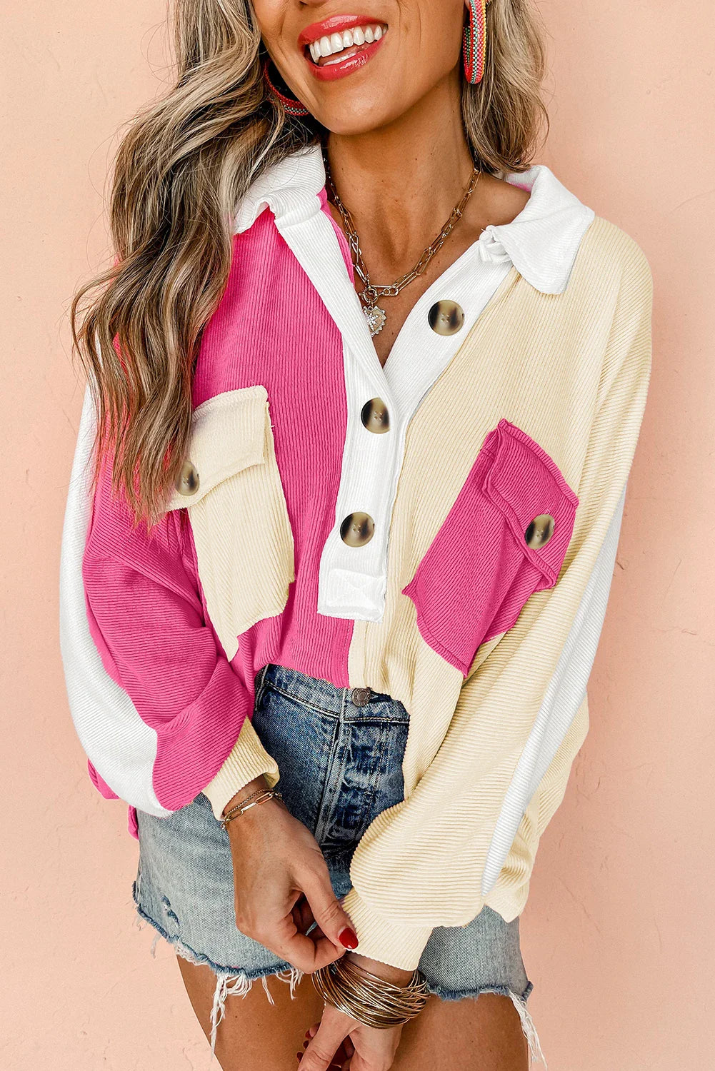 Colorblock Ribbed Collared Sweatshirt