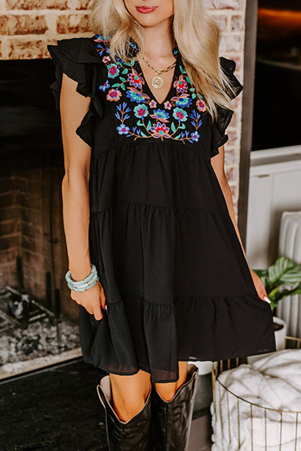 Embroidered Floral Tiered Ruffled Mini Dress