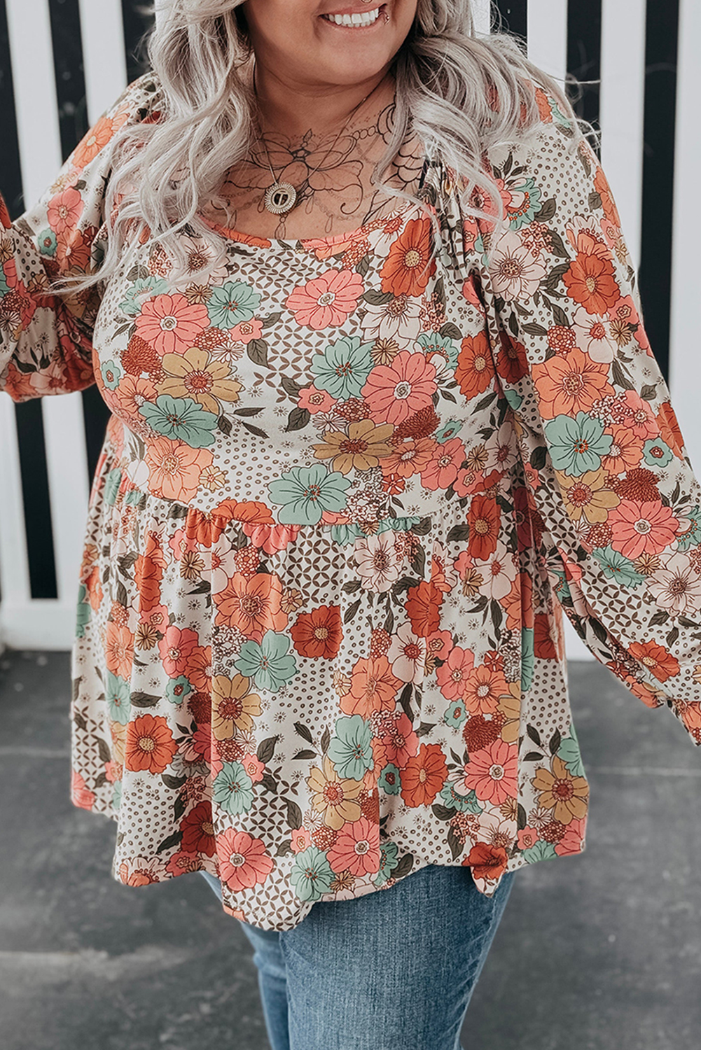 Plus Size Flower Square Neck Blouse