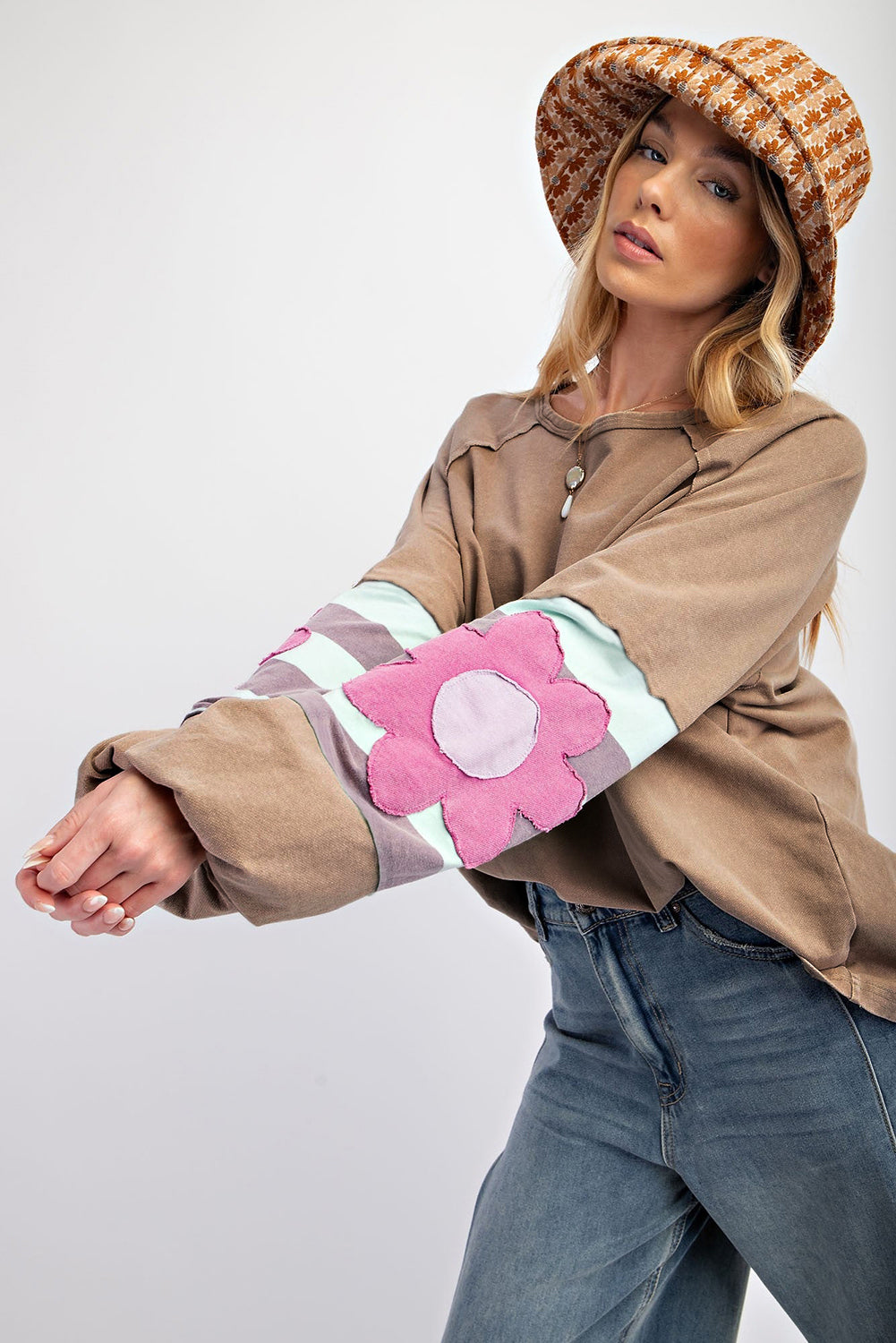 Flower Patchwork Exposed Seam Oversized Top