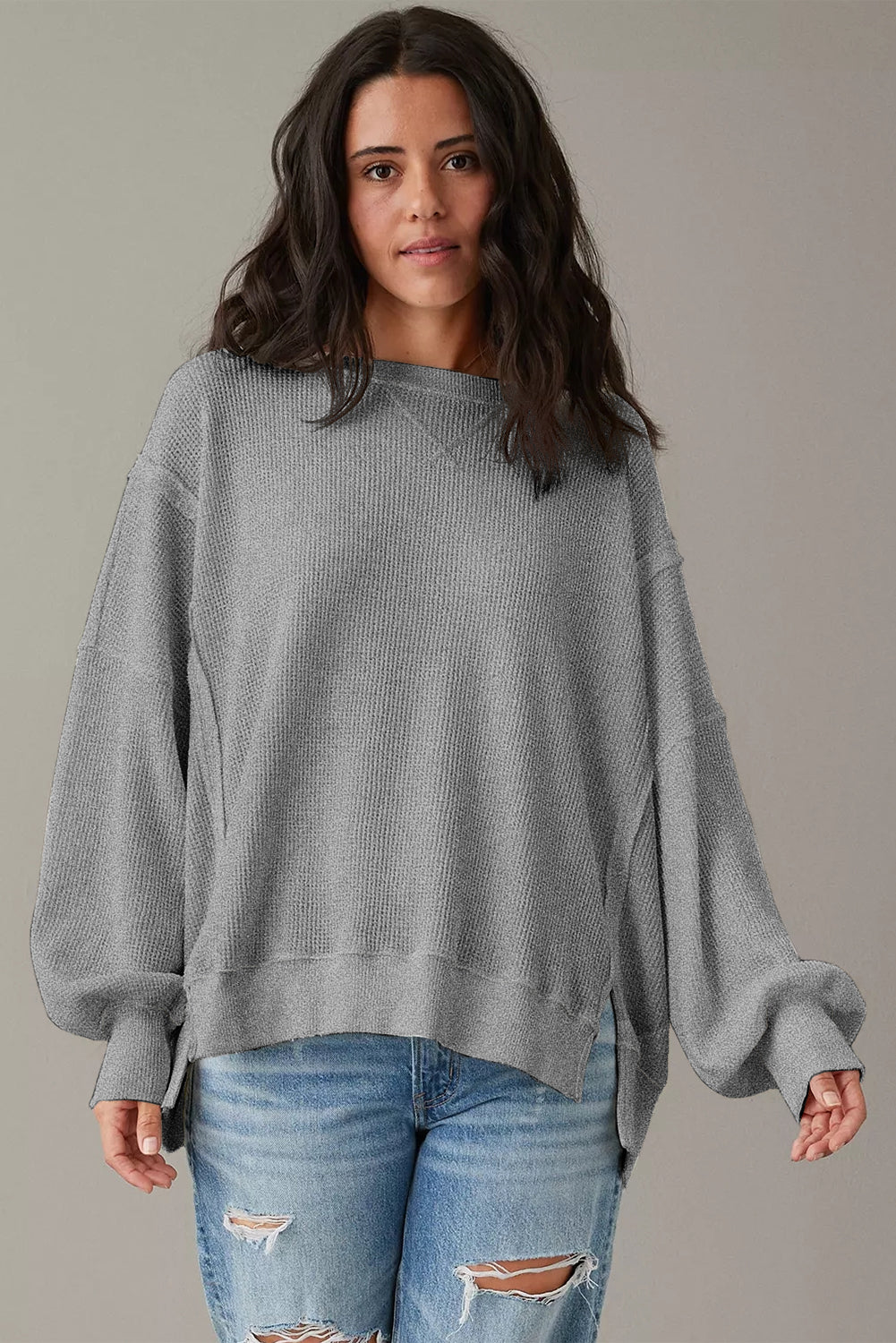 Waffle Knit Bishop Sleeve Split Sweatshirt